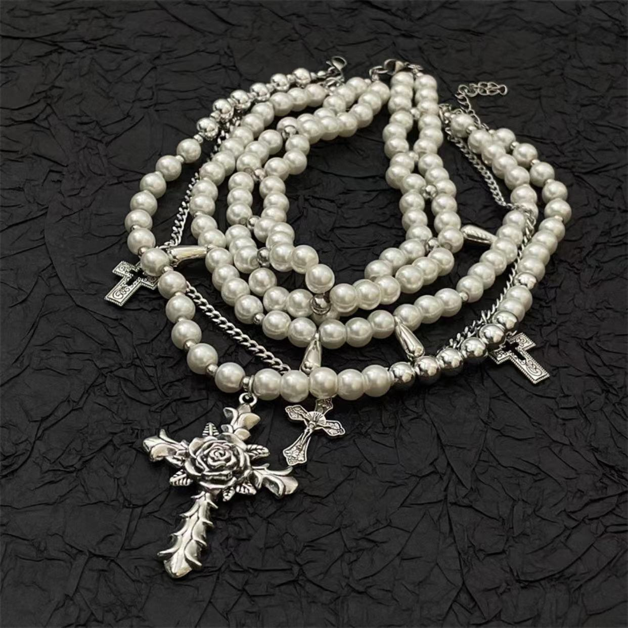 Religious Flower Cross Pendant Multi-Layered Pearl Necklace