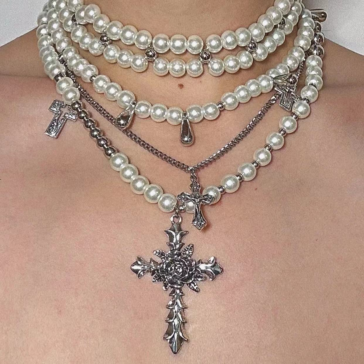 Religious Flower Cross Pendant Multi-Layered Pearl Necklace