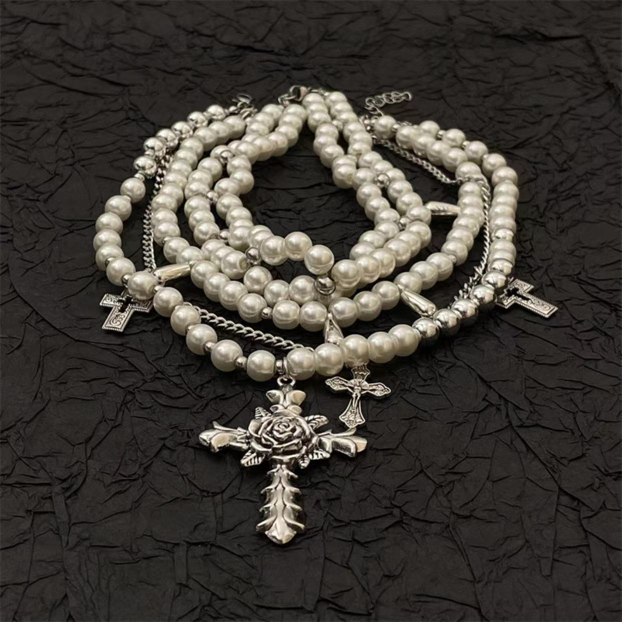 Religious Flower Cross Pendant Multi-Layered Pearl Necklace