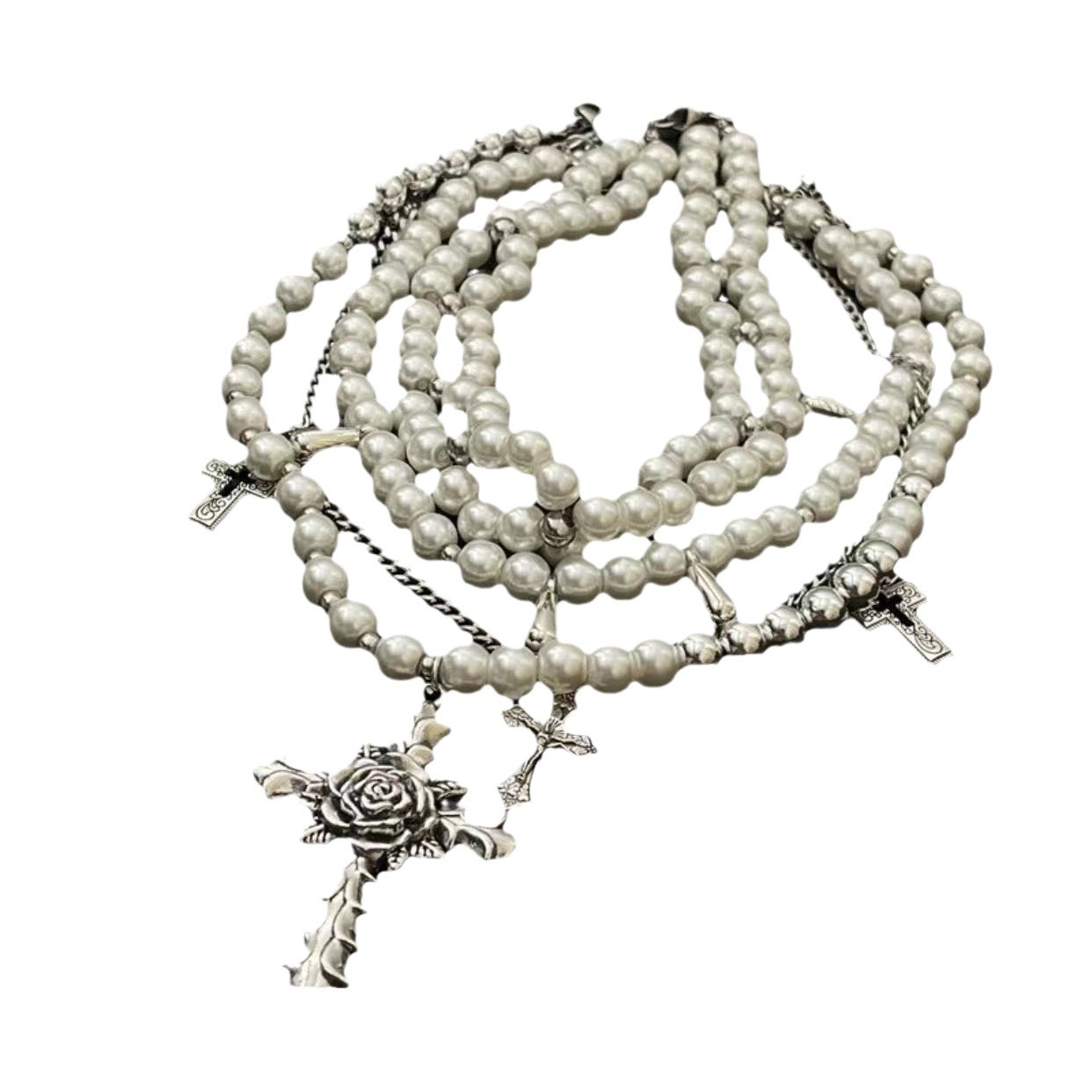 Religious Flower Cross Pendant Multi-Layered Pearl Necklace