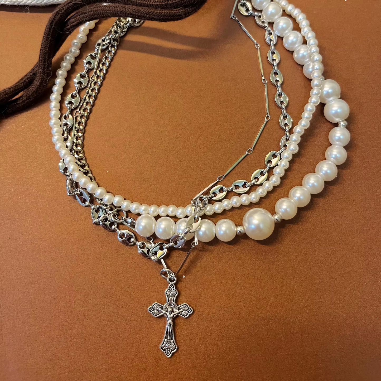 Religious Flower Cross Pendant Multi-Layered Pearl Necklace