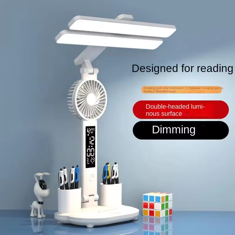 Dual Head LED Desk Lamp With Calendar Clock And Fan Touch Control Table Lamp With Pen Holder For Bedroom Study Reading Lamp