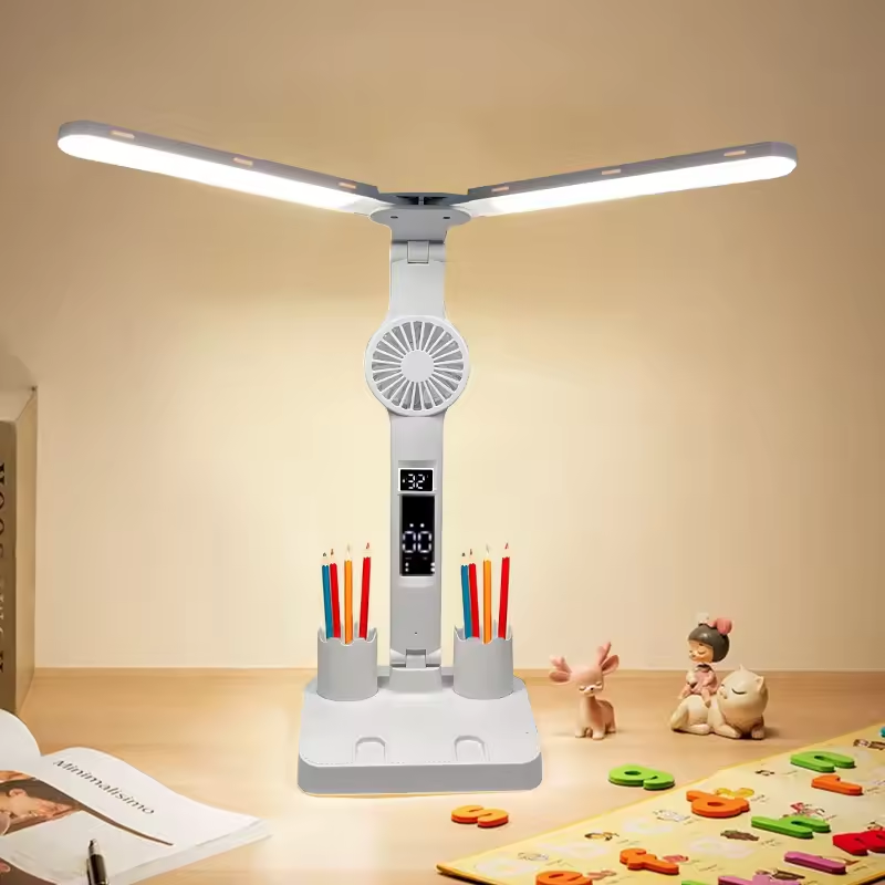 Dual Head LED Desk Lamp With Calendar Clock And Fan Touch Control Table Lamp With Pen Holder For Bedroom Study Reading Lamp