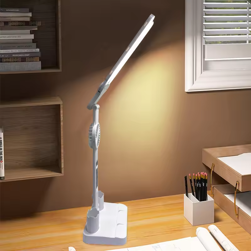 Dual Head LED Desk Lamp With Calendar Clock And Fan Touch Control Table Lamp With Pen Holder For Bedroom Study Reading Lamp