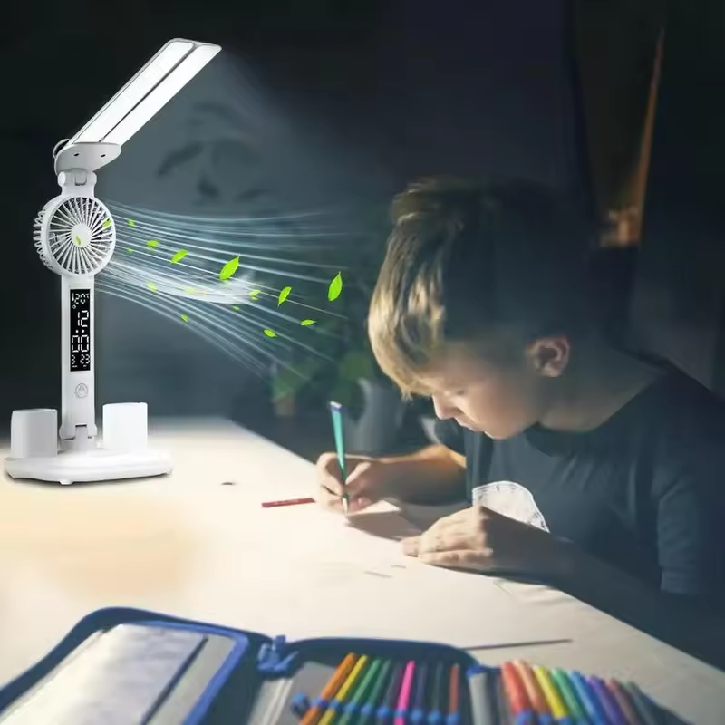 Dual Head LED Desk Lamp With Calendar Clock And Fan Touch Control Table Lamp With Pen Holder For Bedroom Study Reading Lamp